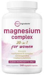 Magnesium Complex for Women | Glycinate, Citrate & More – 20-in-1 Formula with D3, K2 (MK-7), B6 (as P5P) & Ashwagandha | 240 Vegetarian Capsules, Filler Free, Non-GMO