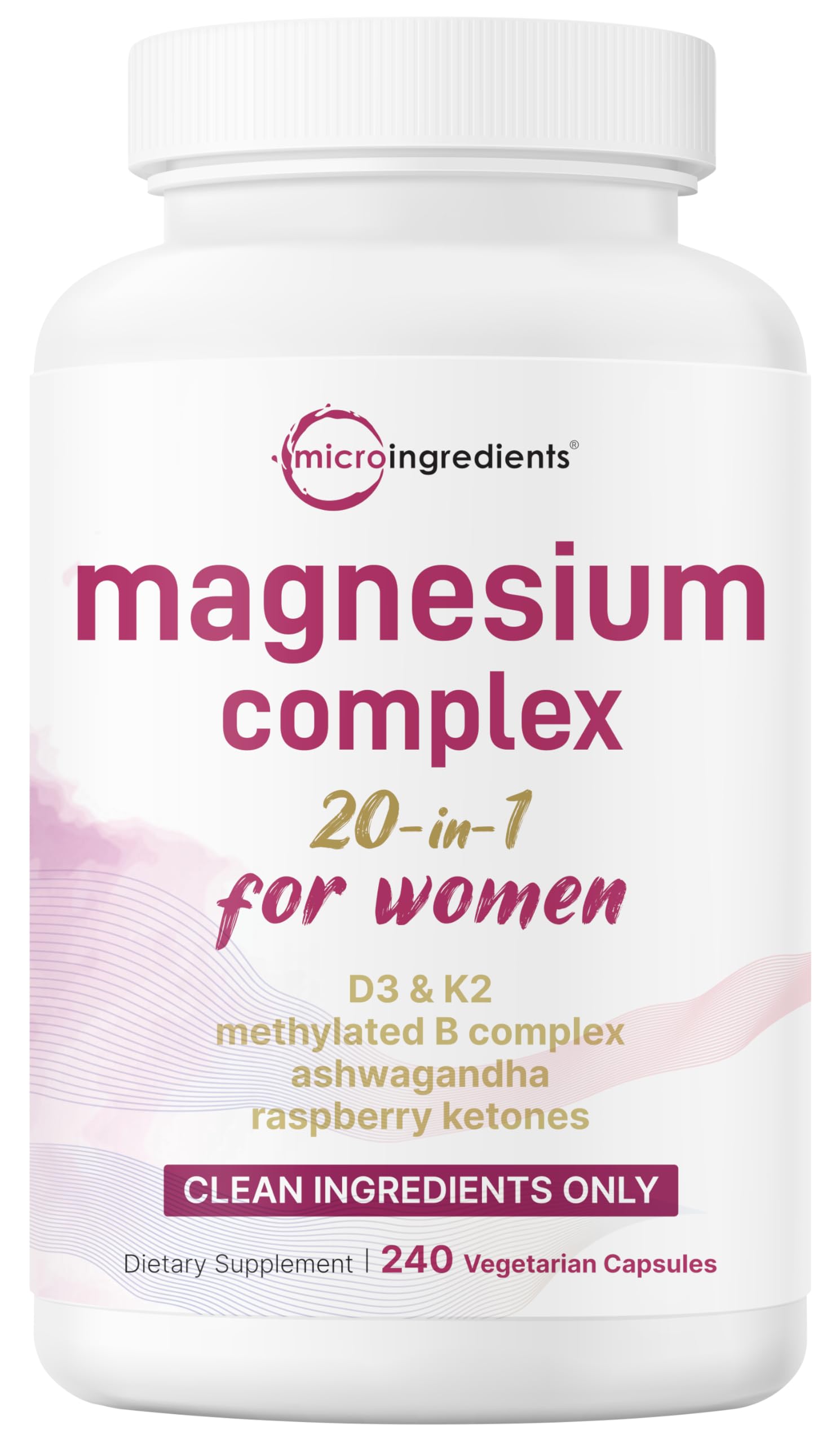 Magnesium Complex for Women | Glycinate, Citrate & More – 20-in-1 Formula with D3, K2 (MK-7), B6 (as P5P) & Ashwagandha | 240 Vegetarian Capsules, Filler Free, Non-GMO