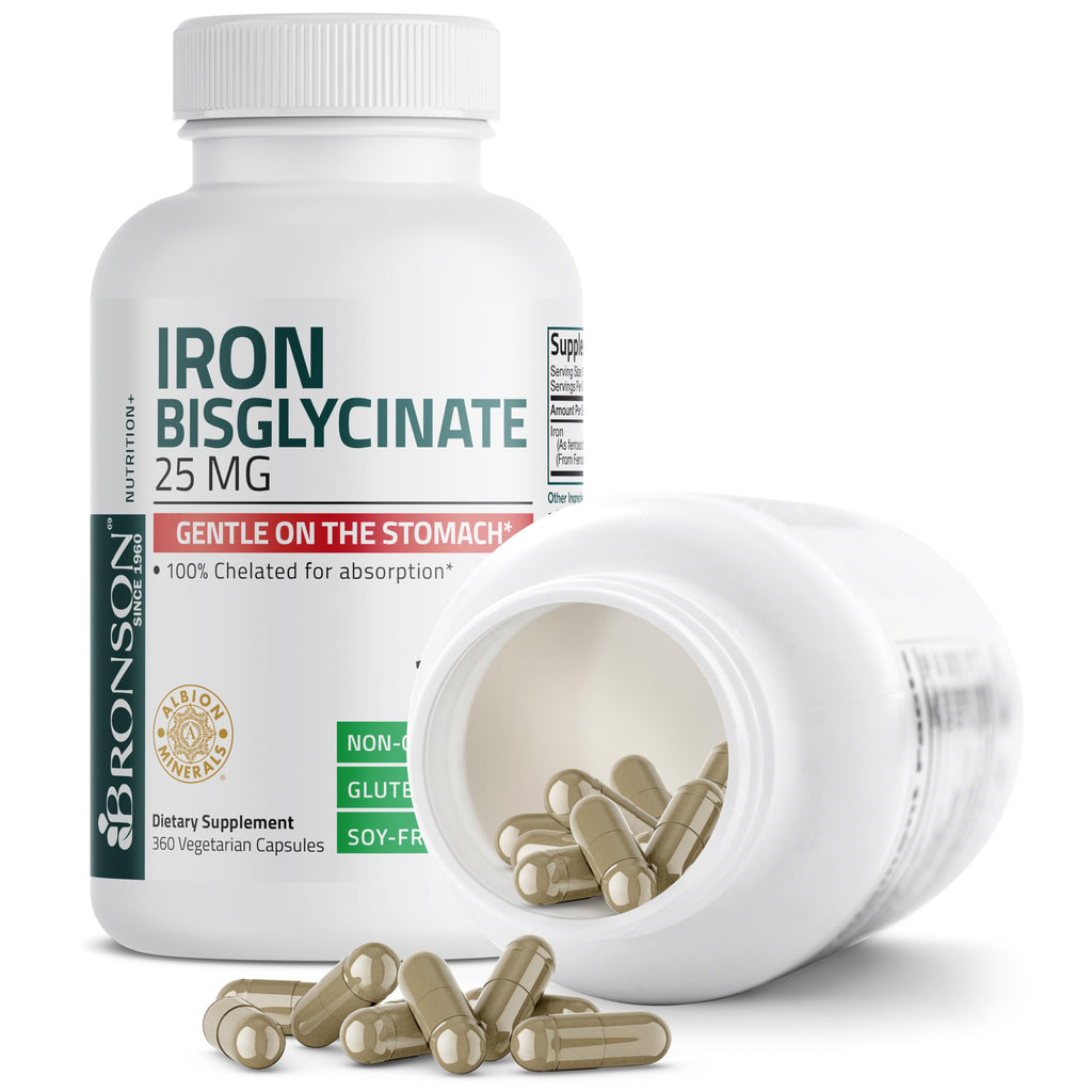 Bronson Iron Bisglycinate 25 mg Gentle on The Stomach, Supports Energy & Healthy Red Blood Cell Production - Non-Constipating Formula - Non GMO, 360 Vegetarian Capsules