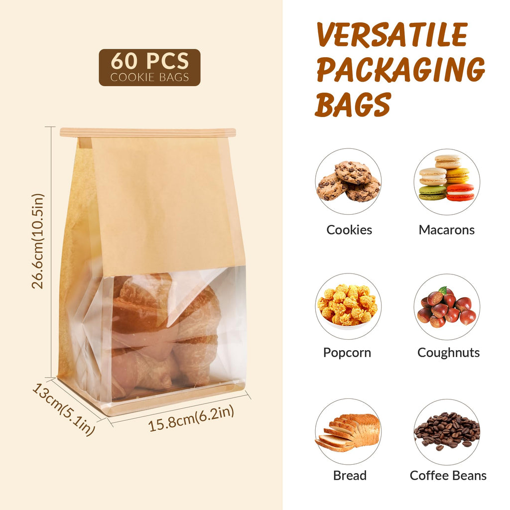 60 Pcs Bakery Bags with Window, 5.1x6.2x10.5 Inches Ties Lock Cookie Packaging Bag Resealable Paper Treat Bags for Homemade Breads, Popcorn, Candies,Treats, Snacks, Baked Goods Packaging