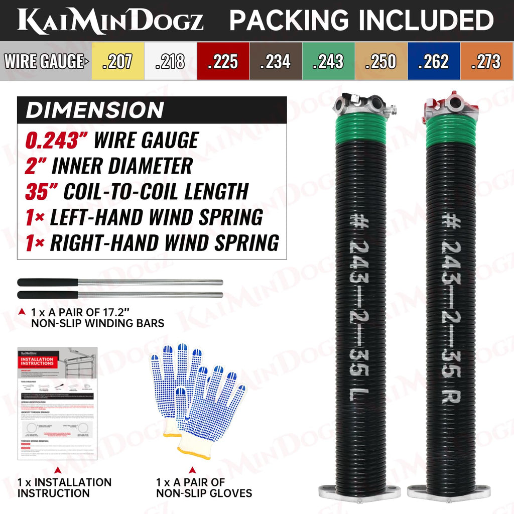 KaiMinDogz Pair of 2" Garage Door Torsion Springs Set with Non-Slip Winding Bar & Gloves,High Precision Electrophoresis Black Coated, for Replacement & Installation, MIN 16,000 Cycles (0.243x2''x35'')