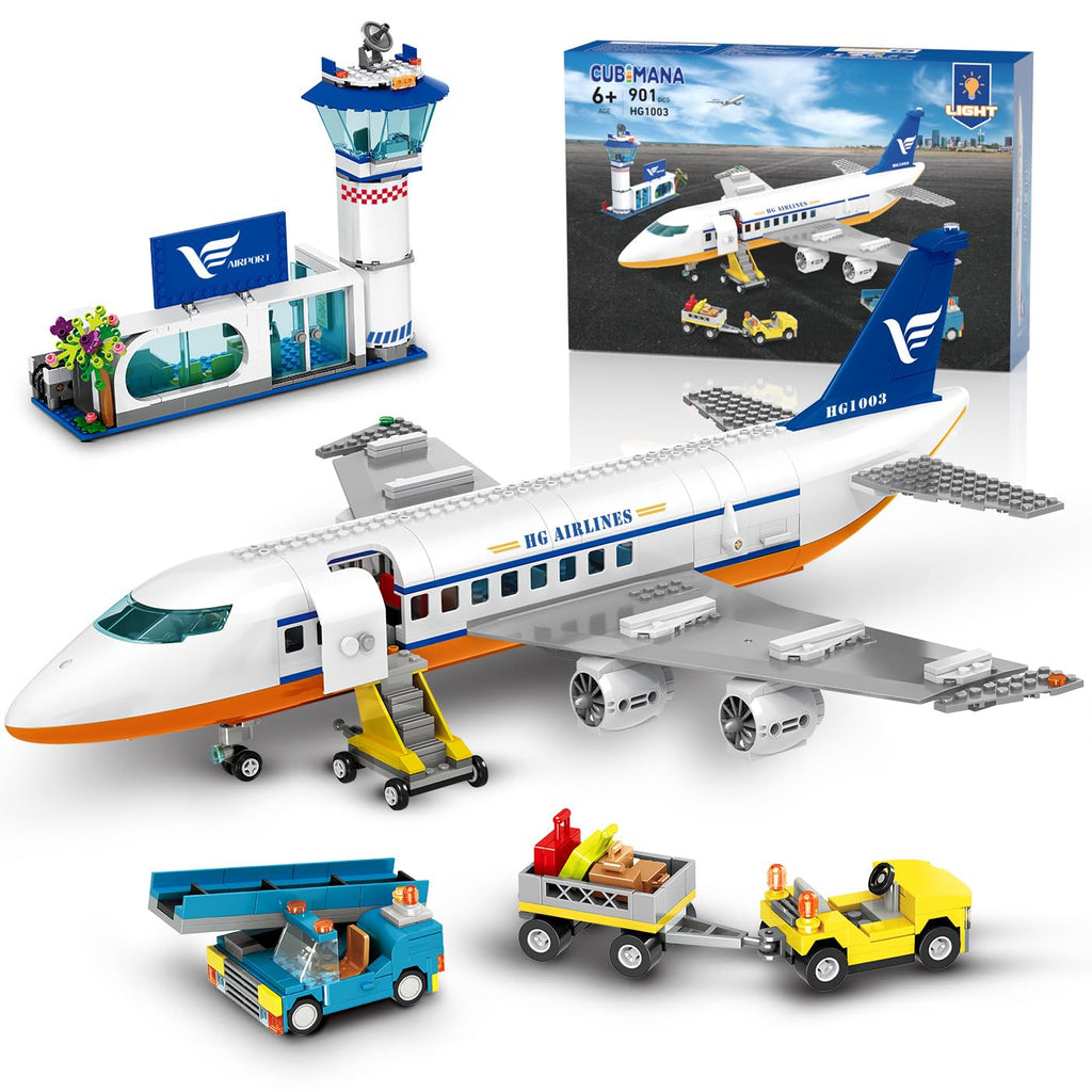 CUBIMANA Large City Passenger Airplane Building Toys with LED Light, 21 Inches Plane Building Sets with 2PCS Luggage Trucks, Terminal, Radar Tower, Birthday Gifts for Kids Boys Girls Age 6-12 (901pcs)