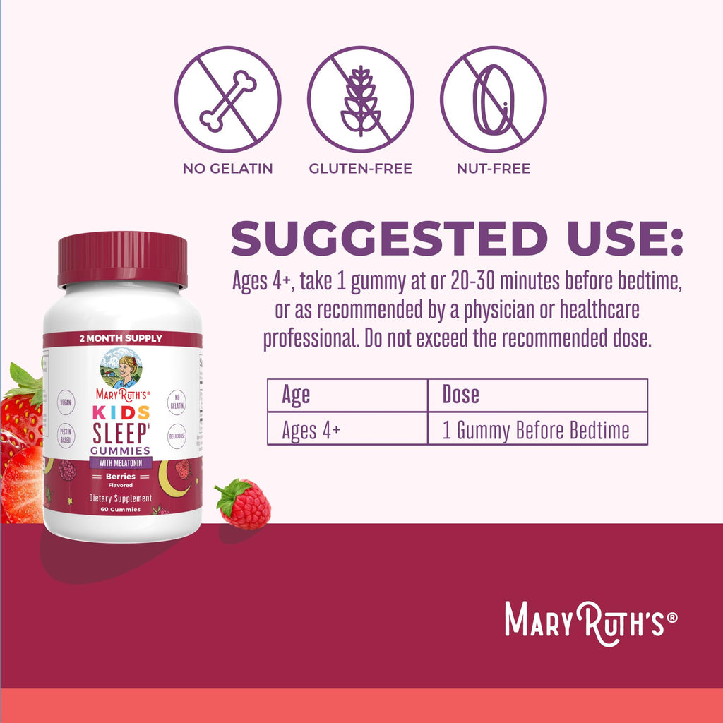 MaryRuth Organics Melatonin Gummies for Kids | 2 Month Supply | Sleep Gummy for Kids Ages 4+ | Melatonin 1 mg | Relaxation & Sleep Support | Vegan | Gluten Free | 60 Count