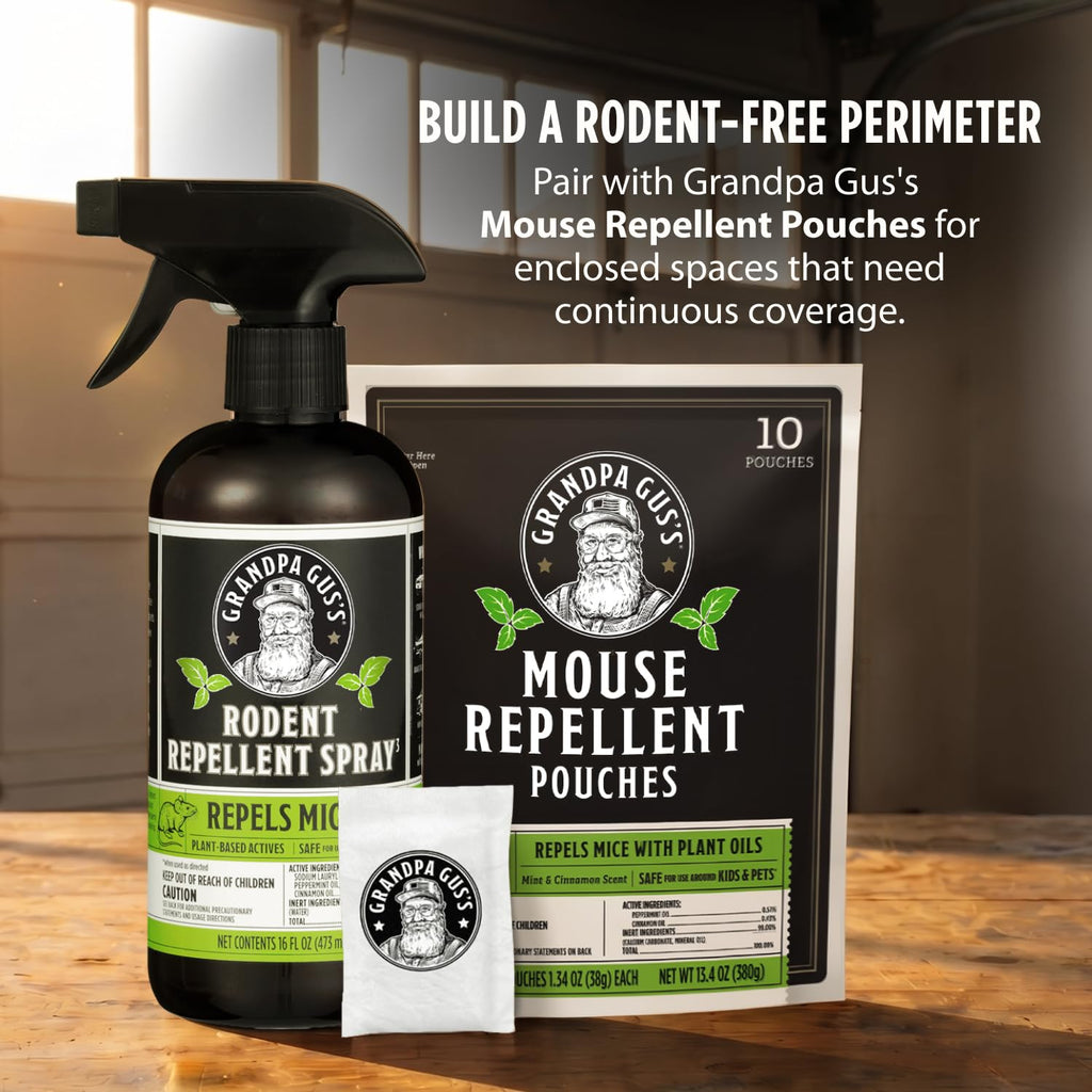 Grandpa Gus's Rodent Repellent Spray - Peppermint Oil Spray for Rodents & Mice - Plant-Based Mouse Deterrent for Cars, RVs, Garages & Indoor Spaces - Non-Staining Formula - 16 oz