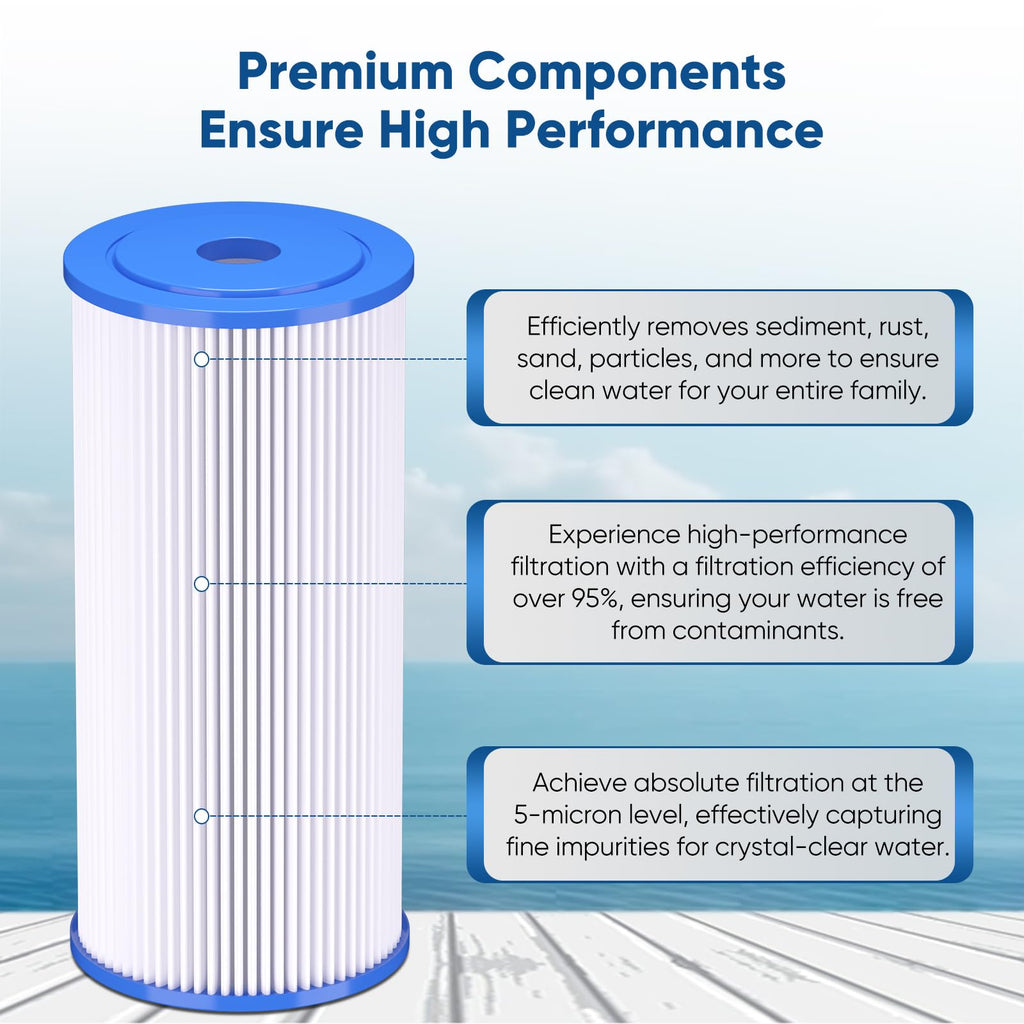 PUREPLUS 5 Micron 10" x 4.5" Whole House Pleated Sediment Filter for Well Water, Replacement Cartridge for GE FXHSC, Culligan R50-BBSA, Pentek R50-BB, DuPont WFHDC3001, W50PEHD, GXWH40L, 2Pack
