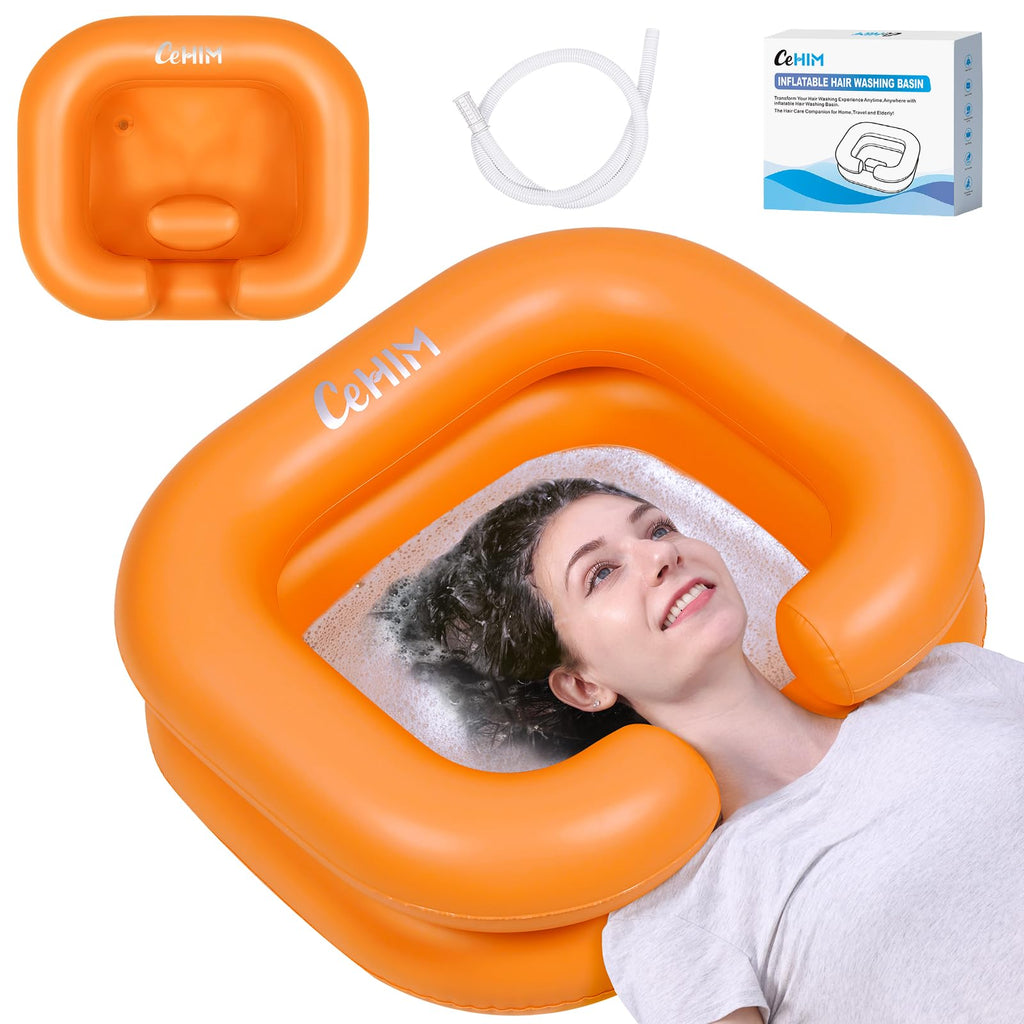 Cehim Inflatable Shampoo Basin - Portable Shampoo Bowl, Hair Washing Basin for Bedridden, Disabled,Injured, Hair Wash Tub for Dreadlocks and at Home Sink Washing (Orange, 15in Inner)