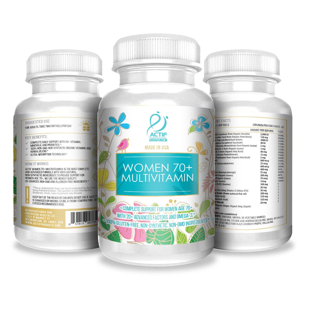 ACTIF Organic Multivitamin for Women Age 70+ with 20+ Advanced Factors and Omega-3, Non-GMO, Made in USA, 90 Count