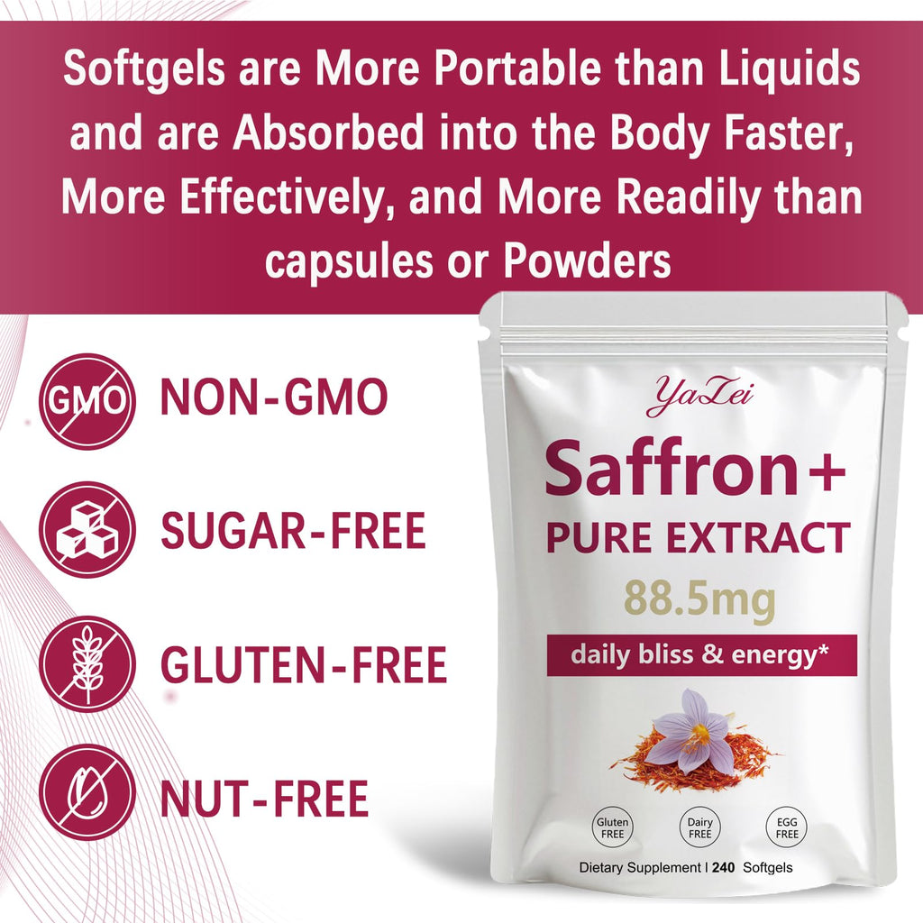 Yalei Saffron Extract Supplements 88.5mg,240 Softgels, 4 Month Supply- Boost Energy & Mood, Support Eye & Heart Health- Vegan, Gluten Free