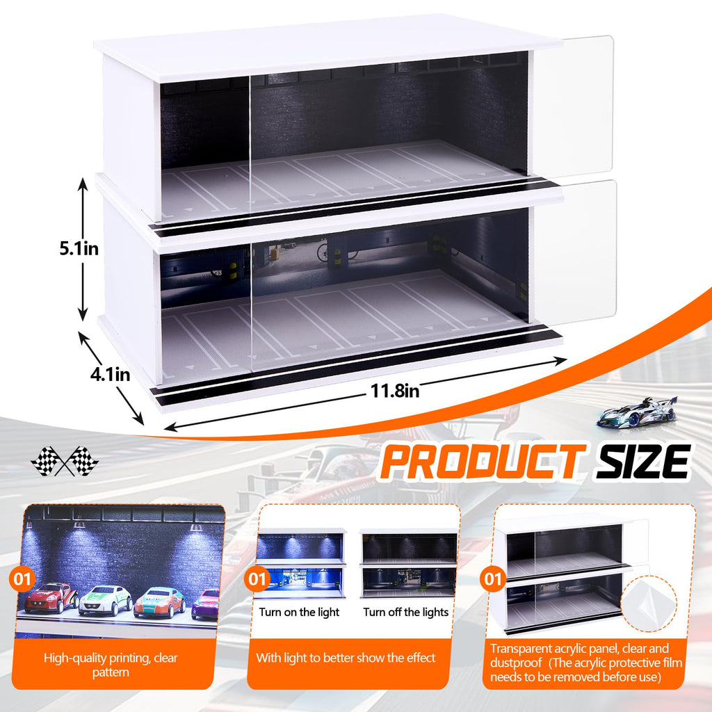 Tujoe 2 Pcs Hot Diecast Wheels Garage Display Case with LED Light and Acrylic Cover 1/64 Scale Diecast Toy Cars Storage Case Holds Max 12 Cars for Model Toy Car Storage Collector (Depot)