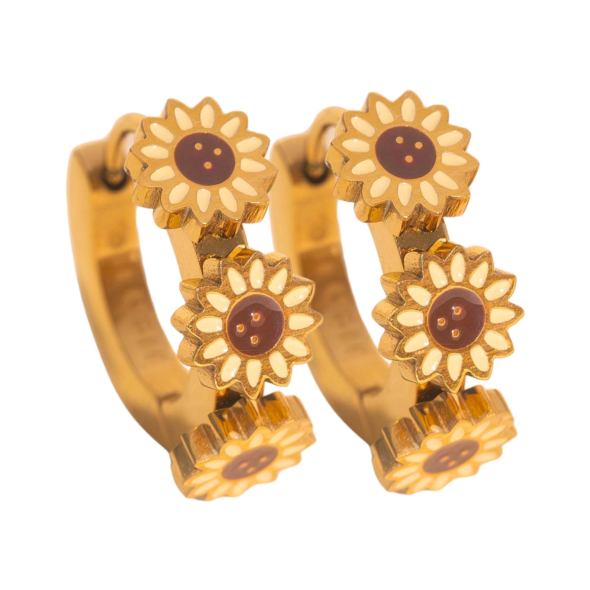 Oh Clementine 3D Sunflower Huggie Hoop Adjustable Clasp Earrings for Women- 316L Stainless Steel with 18k PVD Gold Coating