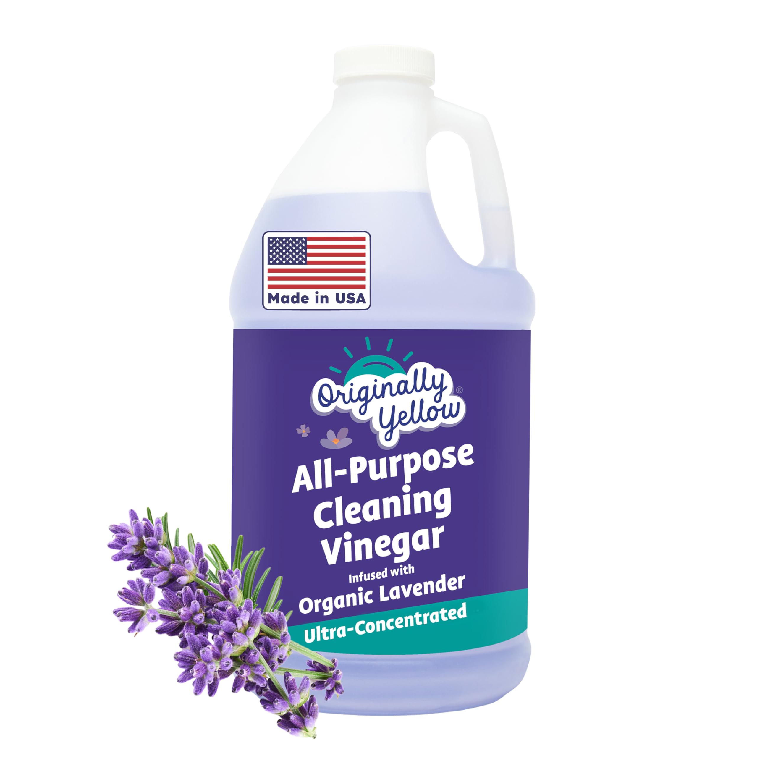Originally Yellow Lavender Vinegar For Cleaning Purpose | USA Made All Purpose Cleaner | Use as a Floor, Glass, Kitchen, & Bathroom Cleaner | Plant Derived Vinegar half Gallon| 64 Oz