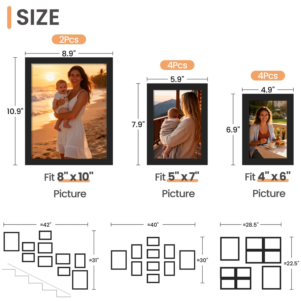 upsimples Picture Frames Set of 10, Including 8x10, 5x7, 4x6 Black Frame