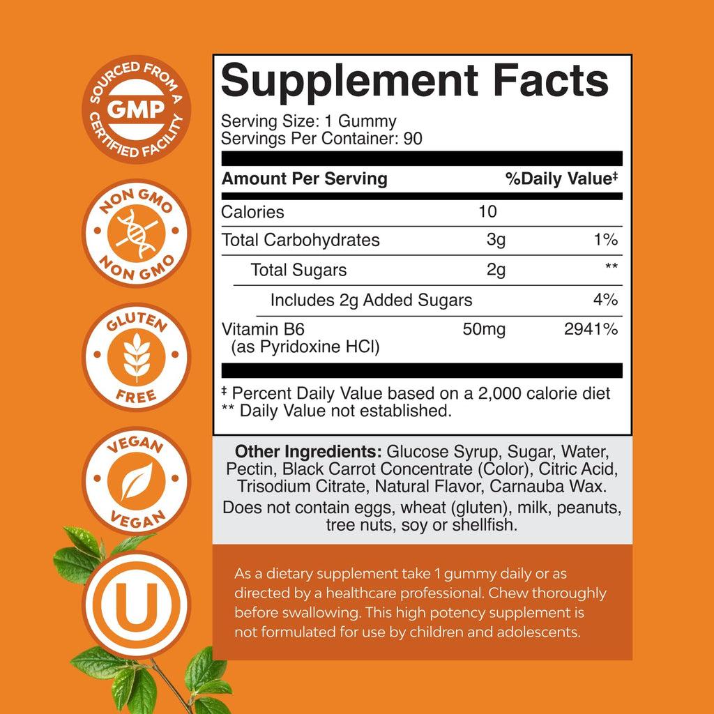 Potent Vitamin B6 Gummies for Adults - Vitamin B6 50mg Per Serving Gummy Vitamins for Women and Men for Immune Nerve and Mood Support - Vegan Kosher B6 Vitamins Gummies for Women and Men - 90 count