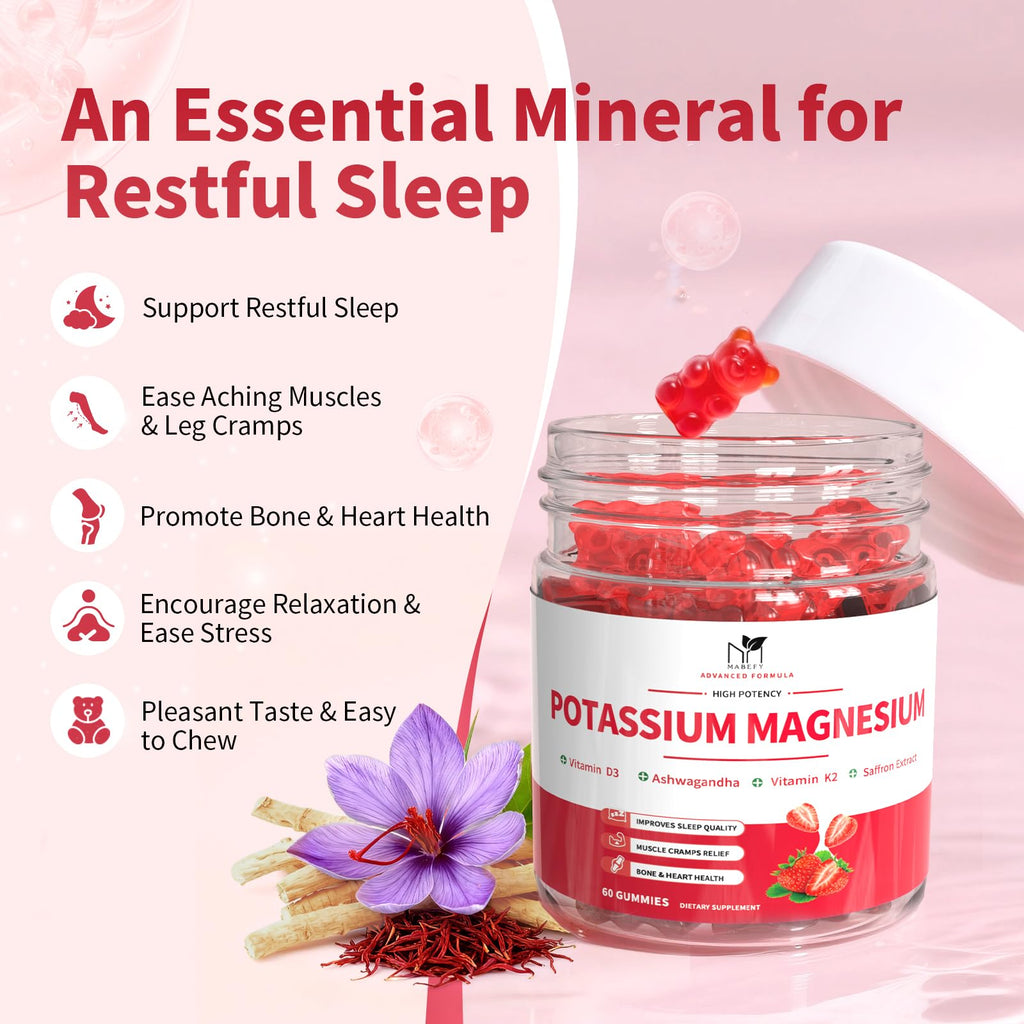 2 Pack Potassium Magnesium Gummies, Sugar Free Potassium Supplement Magnesium Glycinate 500mg, Ashwagandha, Vitamins D3, C, B6, Calcium & Zinc for Sleep, Leg Cramps & Muscle Relaxation-120 Count