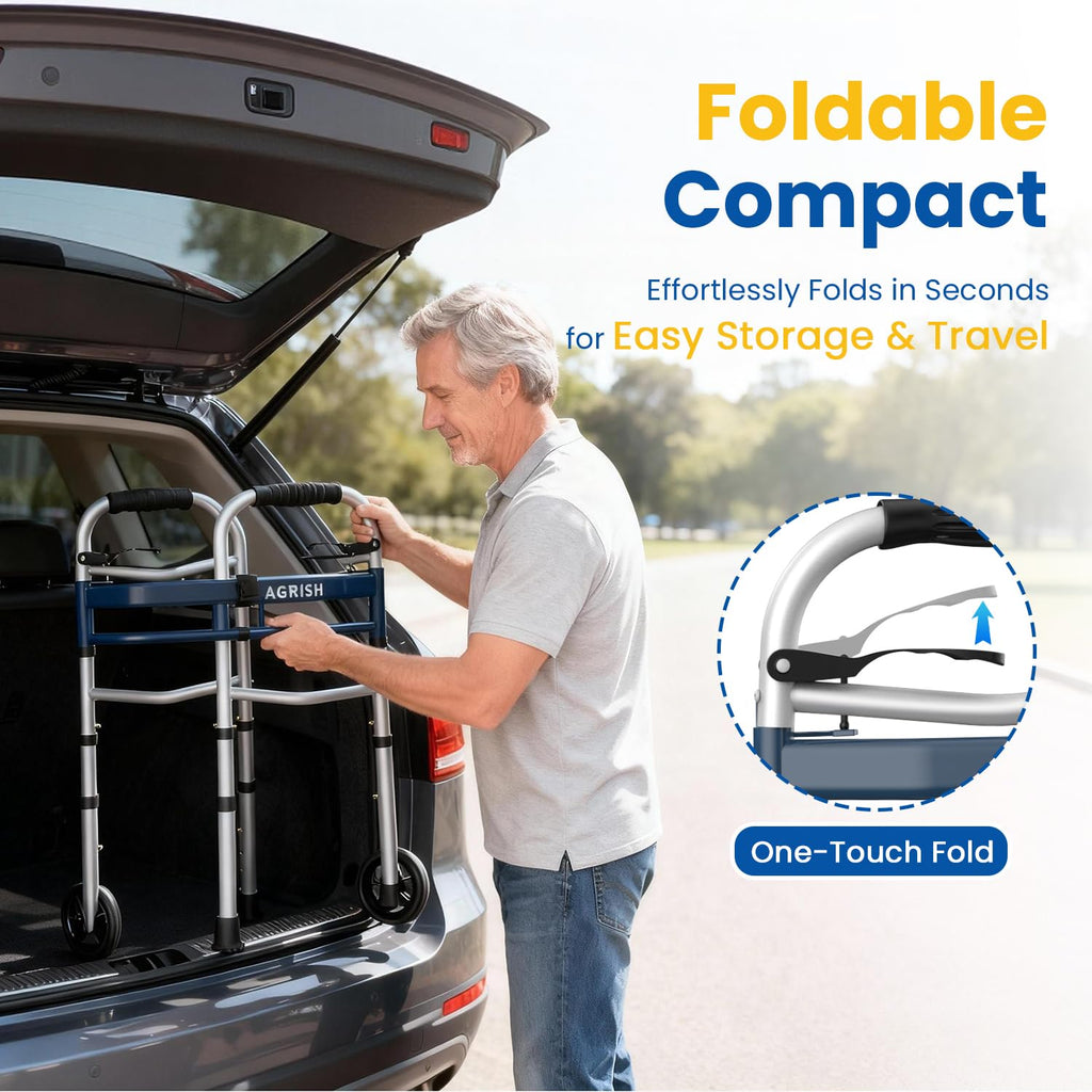 Folding Narrow Walker for Seniors – Width & Height Adjustable Walker with Bag, Lightweight Standard Walker for Elderly, Walkers for Seniors, Disabled, Bariatric