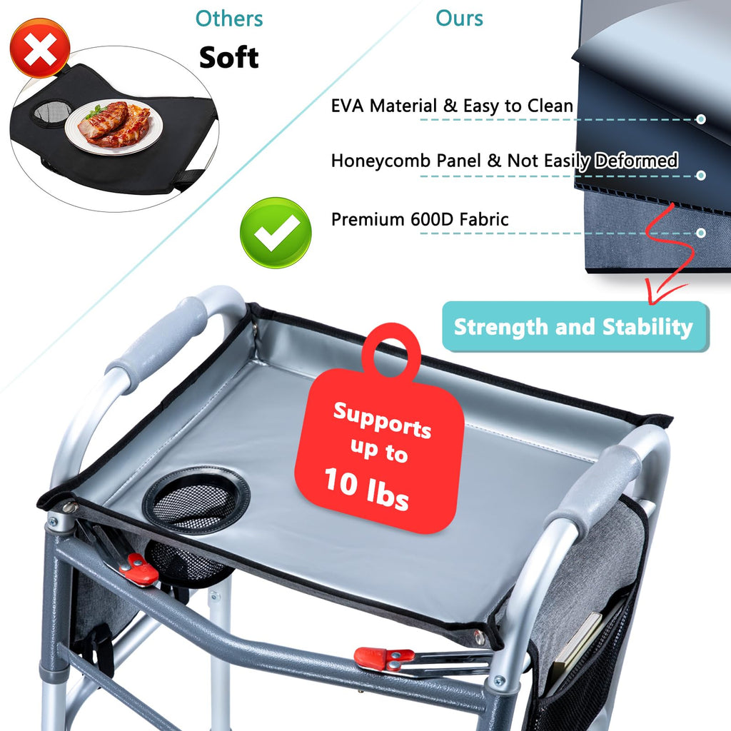 BAGSFY Walker Tray with Cup Holder & Side Pocket – Hard Top Walker Table for Seniors – Folding Walker Accessory for Meals, Reading, Drinks – Non-Slip Surface, Tool-Free Install, Universal Fit