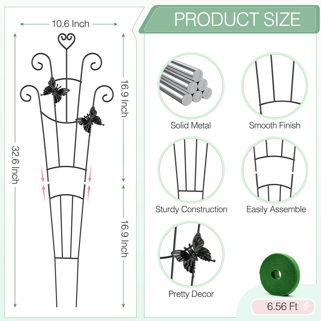 MEILIDY 32.6 Inch Expandable Plant Trellis with Tape Tie, Black, 2 Packs