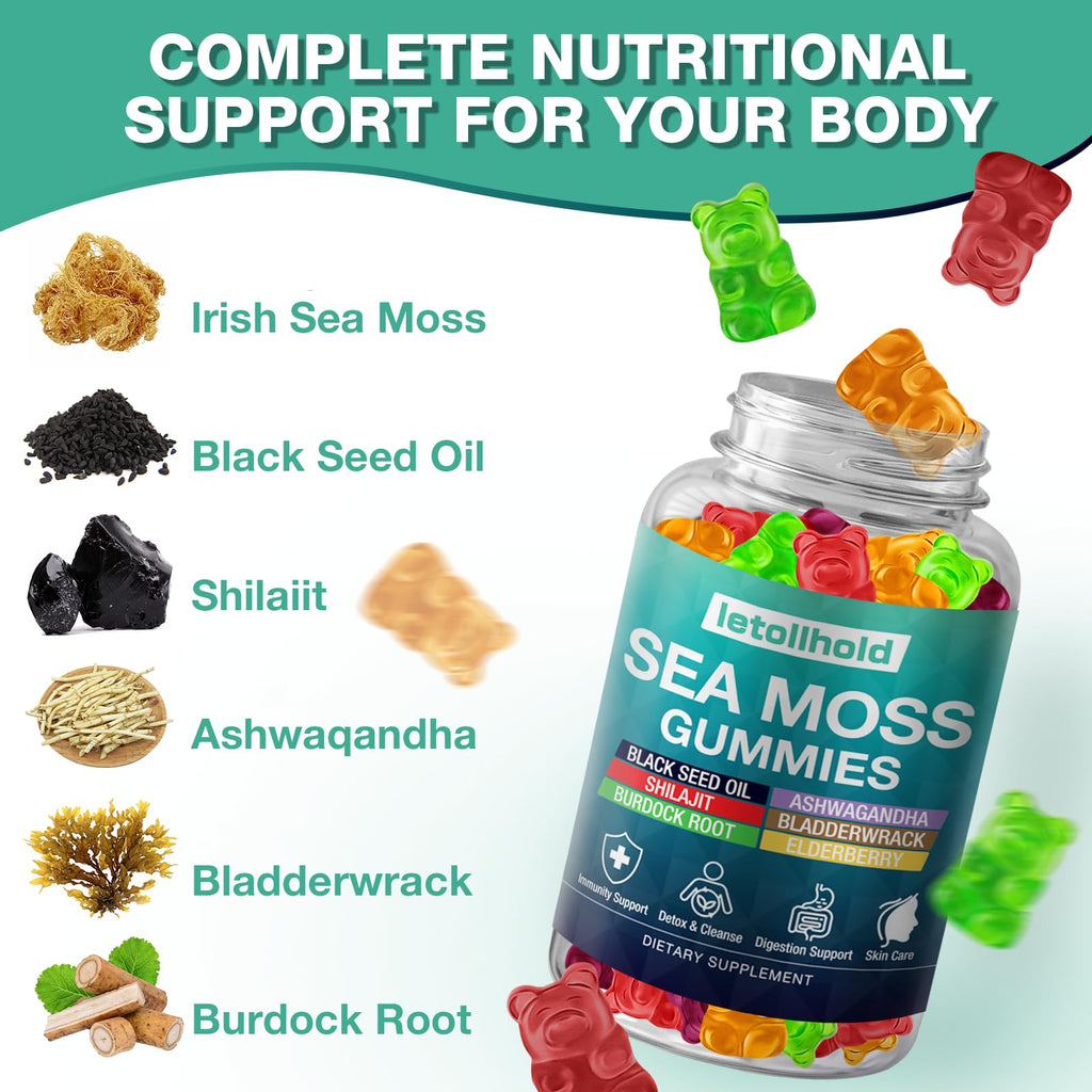 Sea Moss Gummies - Irish Sea Moss Gummies Advanced for Adults with Ashwagandha Bladderwrack & Burdock Root for Supports Immune，Energy - 60 Vegan Gummy,4PCS