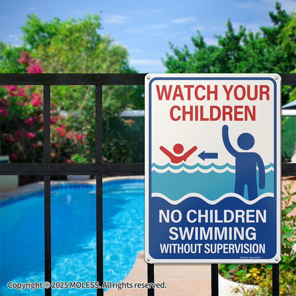 MOLESS 2 Pack Pool Safety Signs Bundle – 14x10 Inch Pool Signs for Outside Outdoor Decor, Watch Your Children & Swim at Your Own Risk, Durable 0.040 Aluminum Weatherproof, Easy to Mount, PSP-2403