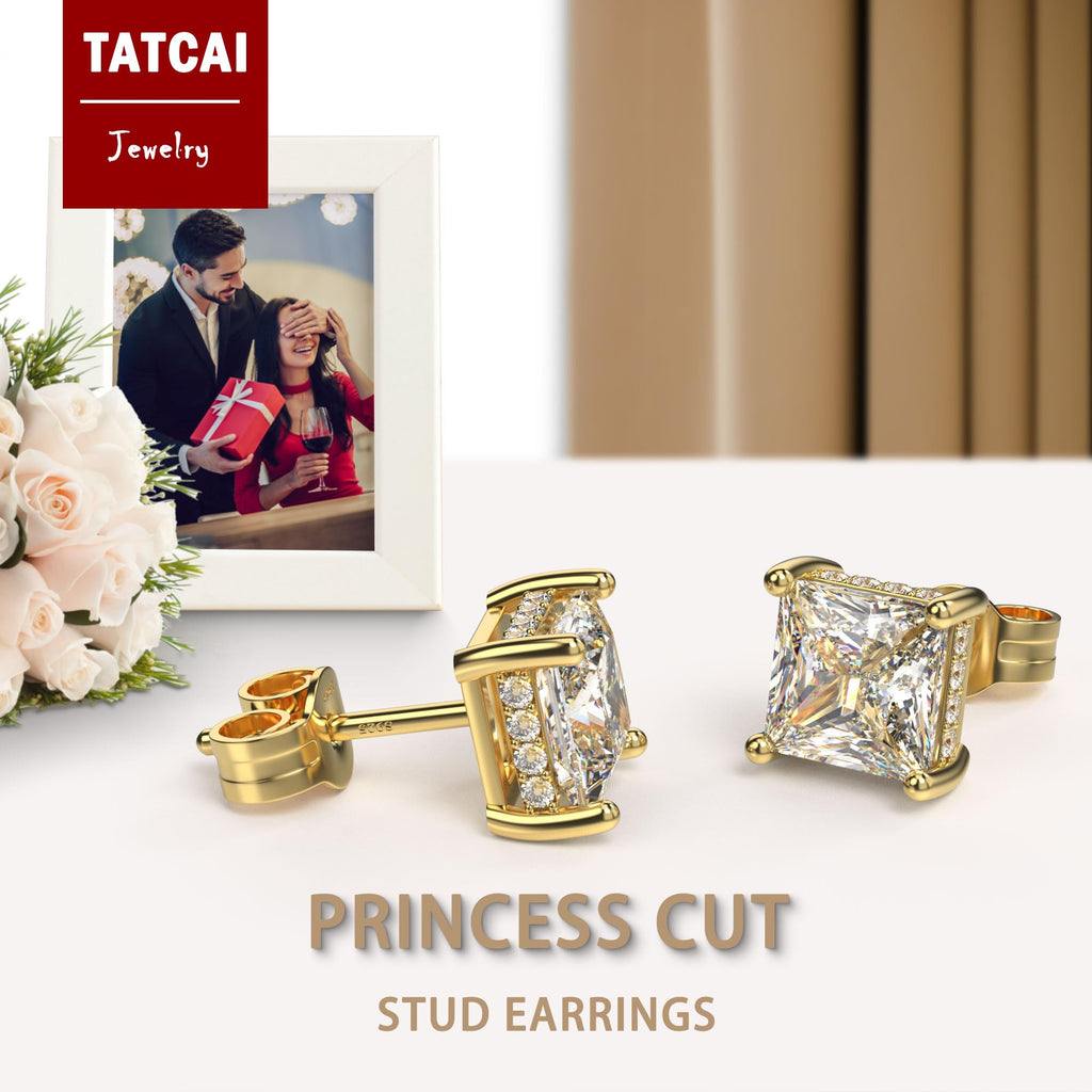 Princess Cut Square Cubic Zirconia Stud Earrings for Men (7MM, Gold)