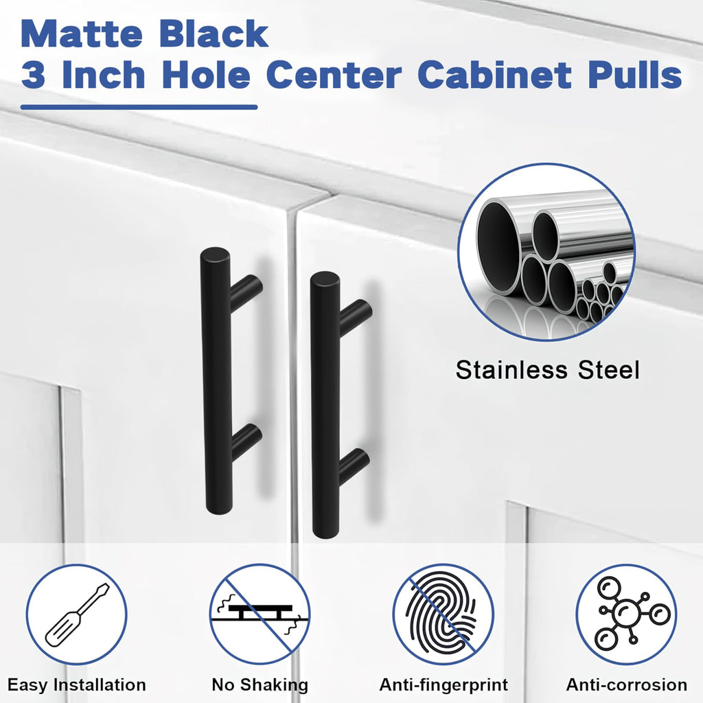 Estmoon 30 Pack Cabinet Handles Matte Black Cabinet Pulls with 3 Inch Hole Center, Stainless Steel Kitchen Cabinet Handles Black Kitchen Handles for Cabinets and Drawers, 76mm Hole Centers