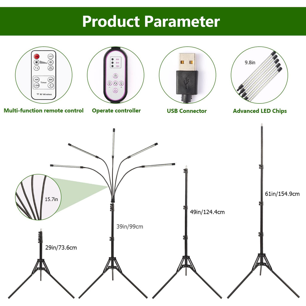 Grow Light for Indoor Plants, 5-Head Full Spectrum LEDPlant Light with 3 Light Modes, 10 Brightness Levels, Remote Control, Height Adjustable 29-61Inch Growing Lamp for Seedlings,Flowers (5head)