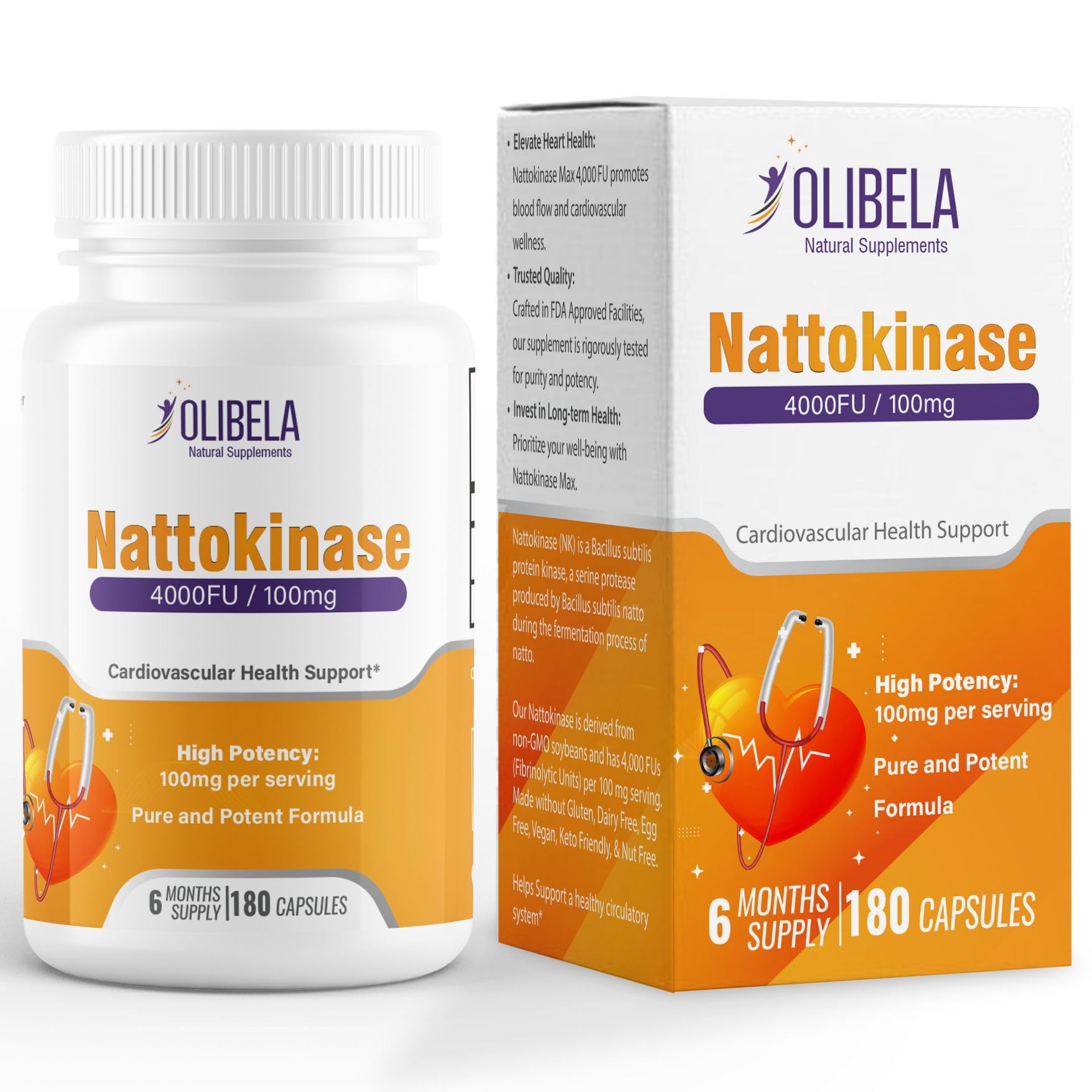 OLIBELA Nattokinase 4000FU 180 Capsules Vegan, Non-GMO – Nattokinase Enzymes Supports Circulatory Wellness, Cardiovascular Health and Healthy Blood Flow | 6-Month Supply*