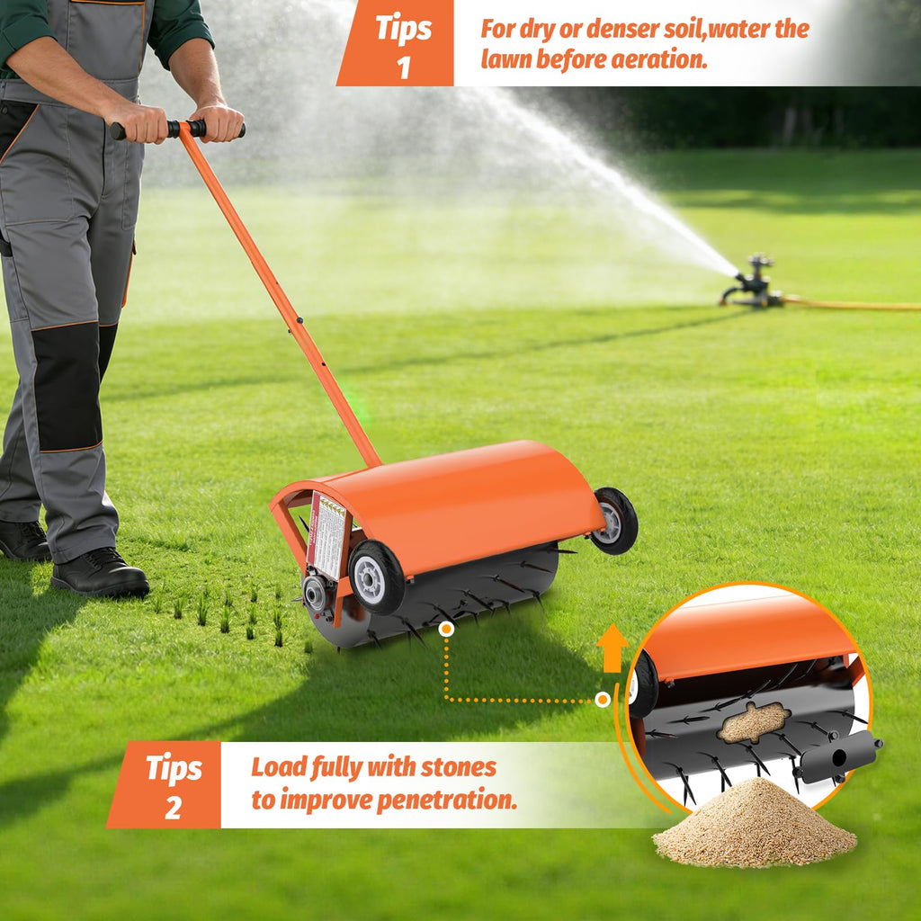 Hubiiett 24 Inch Rolling Lawn Aerator, Heavy Duty Manual Aerator Tool, Up to 70 lbs, Push Spike Aeration Tool with 42 Spikes, Suitable for Lawns, Garden, and Yard Grass Aeration [Orange]