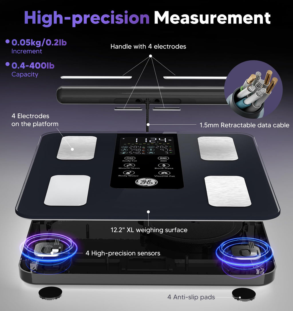 GE Smart Scale for Body Weight: 8-Electrode Digital Bathroom Scale for Weight Fat BMI Muscle Mass Full Body Composition Analyzer 50 Measurements Bluetooth Highly Accurate Weighing Machine 400lb Black