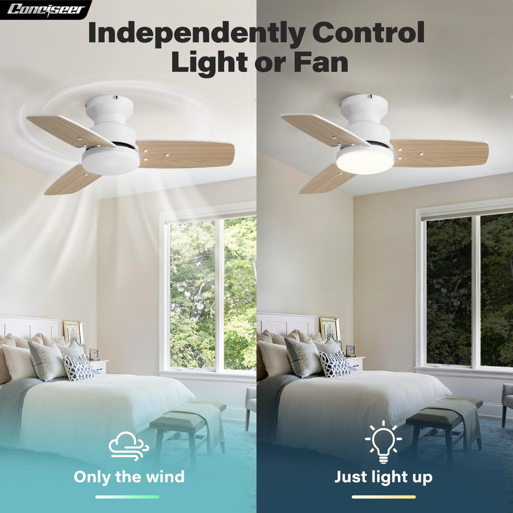 Conciseer 30 Inch Ceiling Fans with Lights and Remote, Bedroom Living Room Office, Flush Mount, 6CCT Dimmable, Dual Color 3 Blades, 6 Speed Reversible Quiet DC Motor, White/Wood Grain, 2 Pack