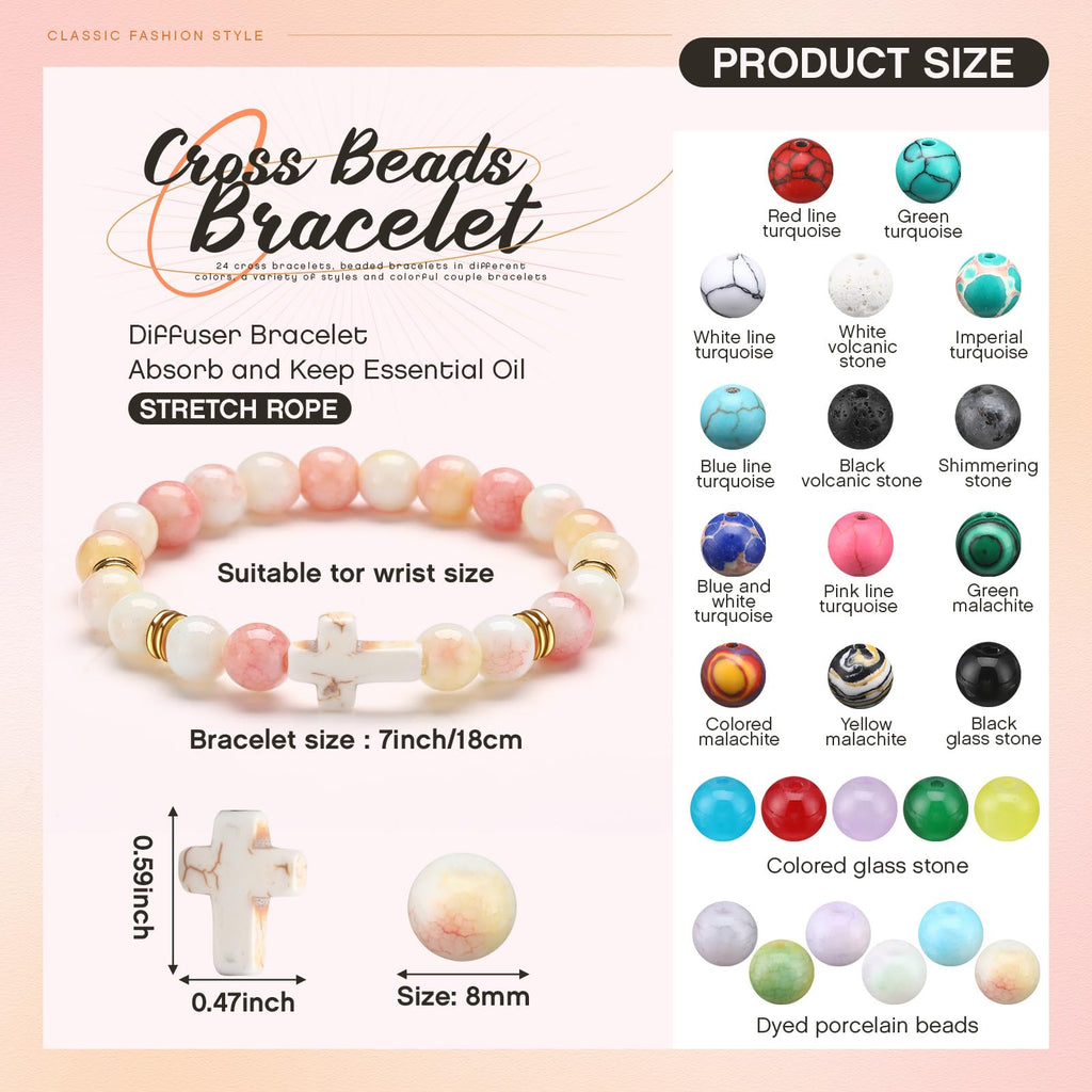 Huquary 24 Pcs Cross Beaded Bracelets, 8mm Christian Stone, Stylish