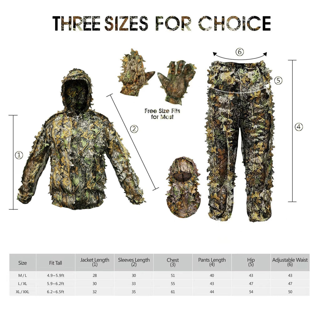 Ghillie Suit Camouflage Hunting Suits Outdoor 3D Leaf Lifelike Camo Clothing Lightweight Breathable Hooded Apparel Suit, Hunting Gloves, Leafy Face Mask and Bag for Jungle Shooting Halloween…
