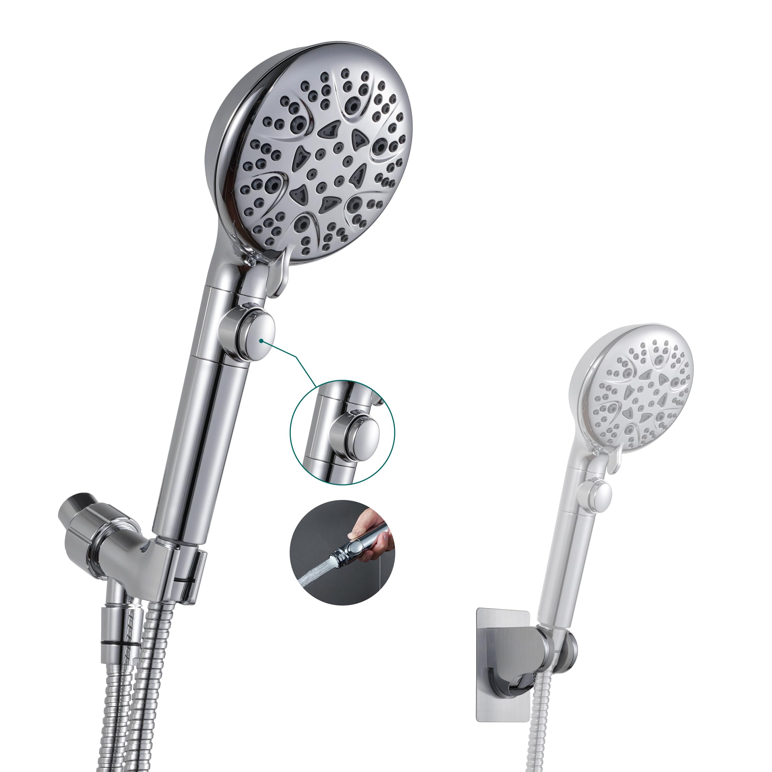 GwernKB Handheld Shower Head with On Off Switch 8-Mode High Pressure Showerhead with 79 Inches Extra-long Stainless Steel Hose and Bracket PLUS Extra Low-Reach Adhesive Wall Mount for Kids,Silver…