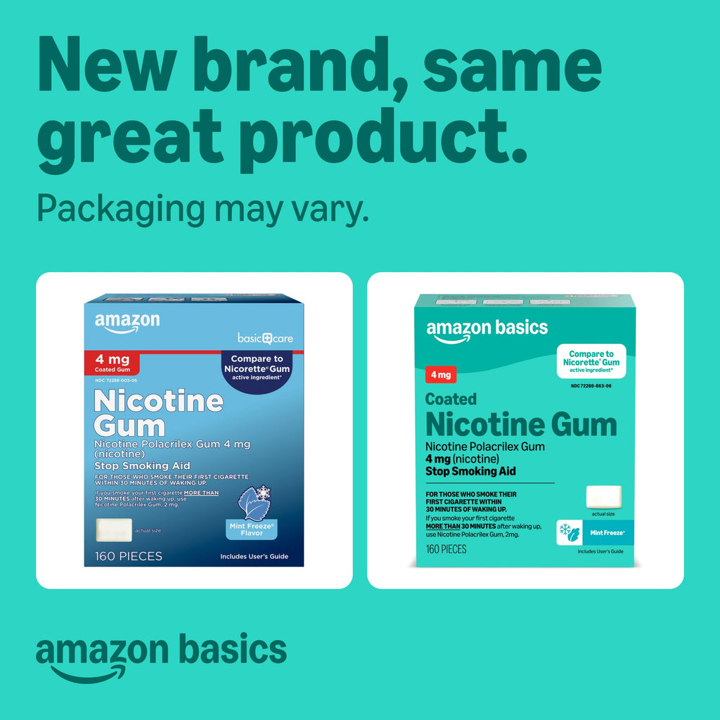 Amazon Basics Coated Nicotine Polacrilex Gum 4 mg, Ice Mint Flavor, Stop Smoking Aid, 160 Count (Previously Amazon Basic Care)