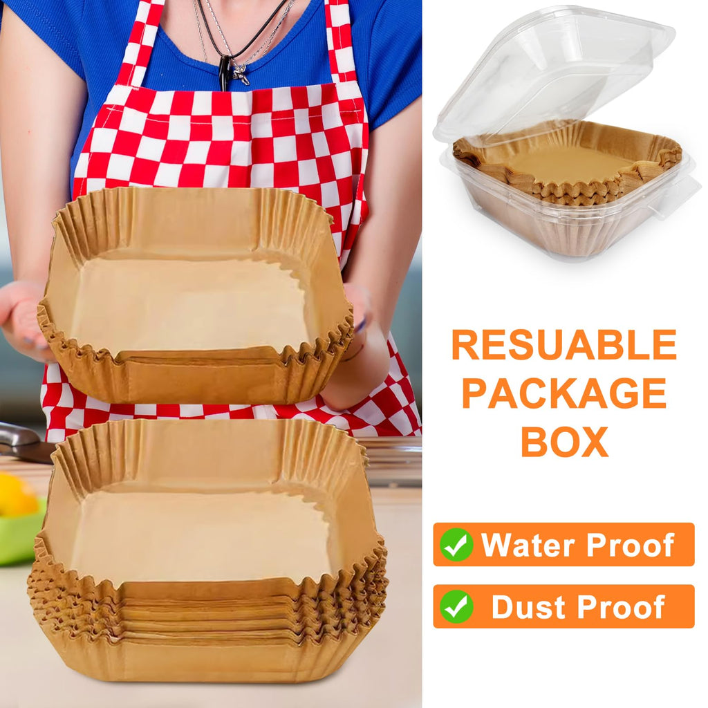 200PCS Air Fryer Liners Disposable: Square 7.9 Inch Non-Stick Airfryer Paper Liners - Food Grade Parchment Paper for 5 6 7 8 QT Air Fryer Baking and Roasting - Waterproof and OilProof (9 Inch on Top)