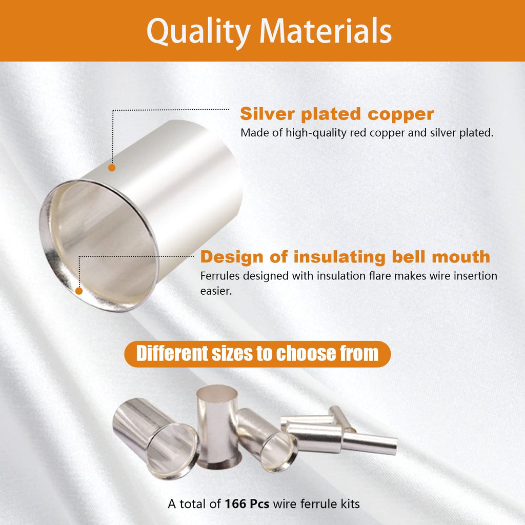 mankk 305 Pcs Wire Ferrules Kits Silver Plated Copper Crimp Terminal Connector 8 Sizes AWG (1/0 2/0 2 4 6 8 10 12) Sleeves Insulated Cord Pin End Terminal