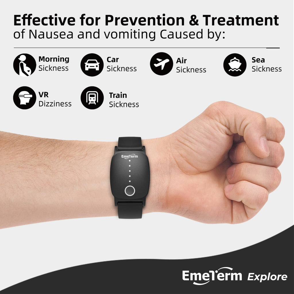 EmeTerm Explore Classic FDA-Cleared Galaxy Black and Navy Blue Anti-Nausea Wristband IP67 Waterproof Morning Motion Travel Sickness Vomit Relief Rechargeable No Gel Drug Free Without Side Effects