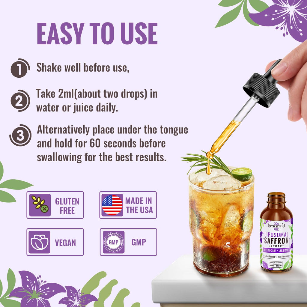 Resciency Liposomal Saffron Supplements Drops 88.5mg – High Bioavailability Liquid Saffron Extract for Mood Support, Energy, Focus & Vision with Ashwagandha, Magnesium, Zinc, B12 & D3, 4 fl oz