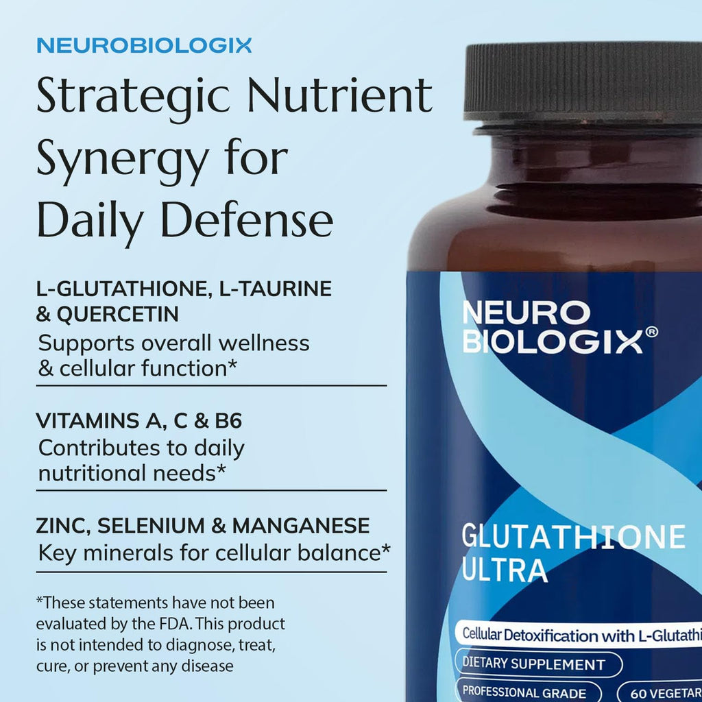 Neurobiologix Glutathione Ultra, L-Glutathione Antioxidant Complex with Vitamin C, A, B2, B6, Zinc, Selenium, Manganese, Taurine & Quercetin for Cellular Health, Gluten Free, 60 Vegetarian Capsules