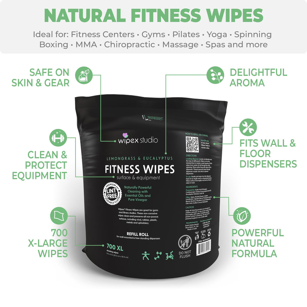 Wipex Gym Wipes for Equipment Cleaning - 700 Large 8"x12" Natural Fitness Wipes Refills for Dispensers - Made with Lemongrass, Eucalyptus Oil & Vinegar, Bulk Surface Multipurpose (1 Pack)