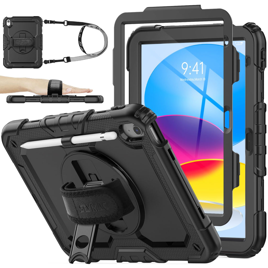SEYMAC stock Case for iPad (A16) 11th/10th Generation 11''/10.9'' 2025/2022, Full-Body Drop Protection Case with Screen Protector &360° Rotate Hand Strap/Stand, Black