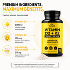 HerbaMe Vitamin D3 5000 IU + K2 with Magnesium Bisglycinate | Complete D3 Activation & Absorption Support Formula | Bone, Muscle & Immune Wellness | 90 Capsules