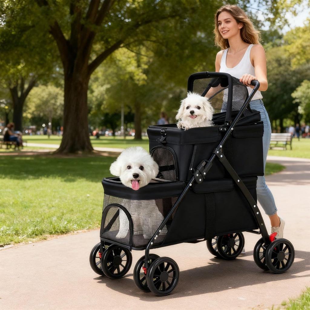 Double Dog Stroller for Medium Small Dogs and Cats Load-Bearing Up to 50lbs, Durable 360° Universal Wheels Lightweight One Hand Foldale Kittens Puppies Travel Stroller Cart(Double)