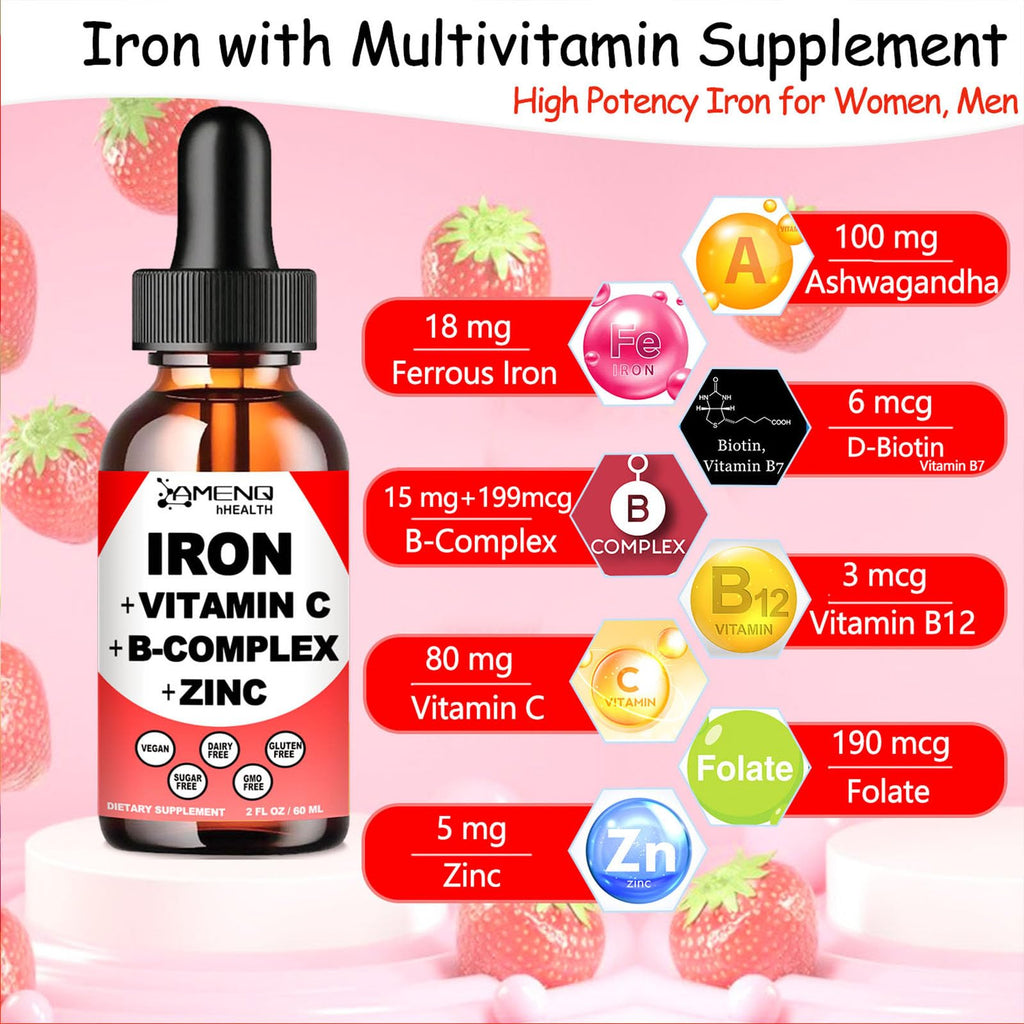 2 Pack Liquid Iron Supplement w/Vitamin C, A, B-Complex, Vegan Iron Drops High Potency Liquid Vitamin & Iron Supplements for Women, Men & Children -Support Red Blood Cell, Energy, Anemia & Fatigue