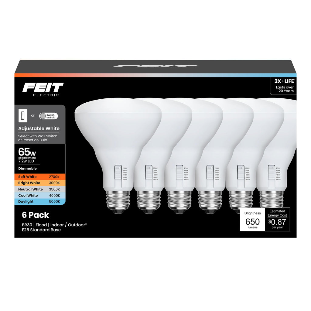 Feit Electric BR30 LED Light Bulbs, 65W Eq, Dimmable, 5CCT 6Way, 6 Pack