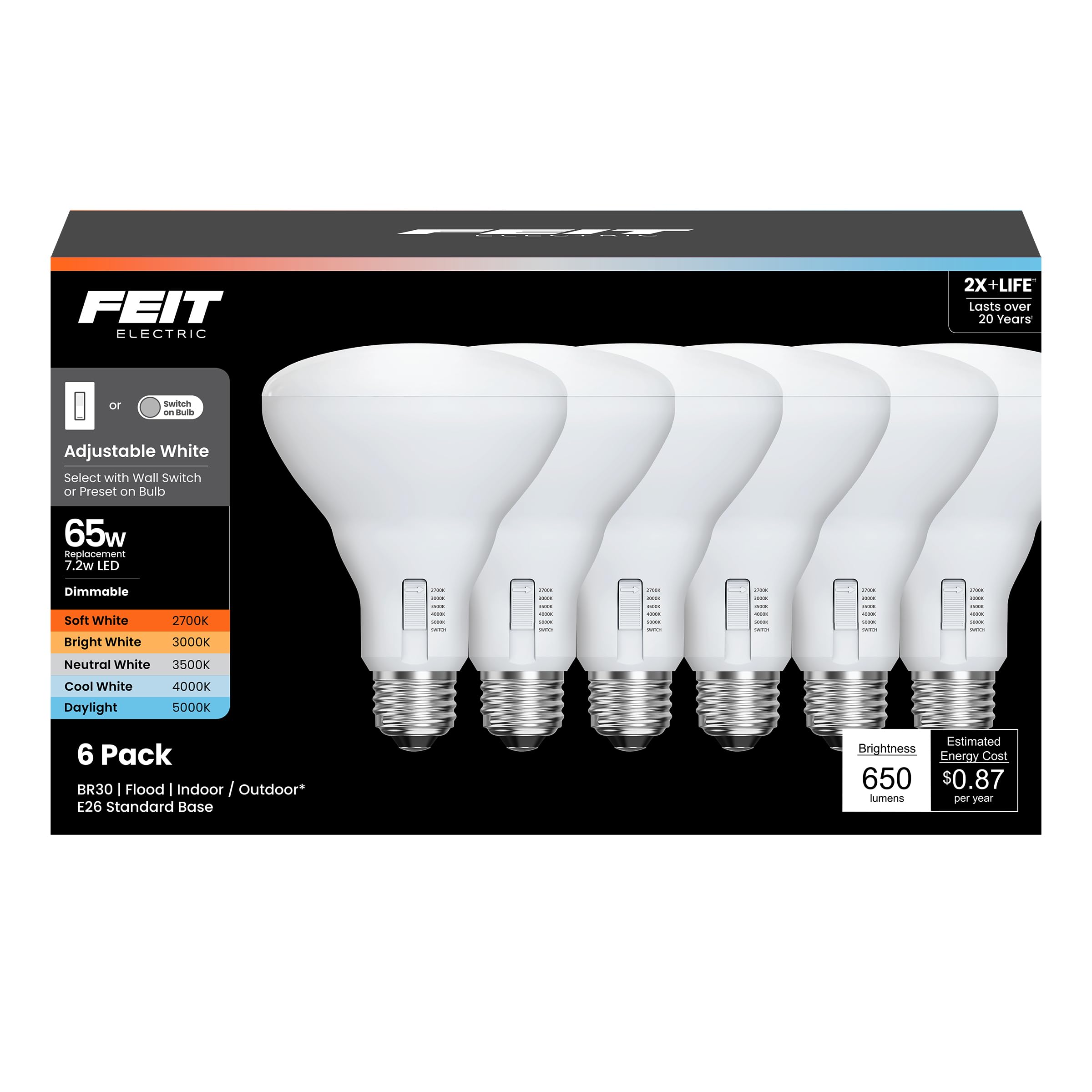 Feit Electric BR30 LED Light Bulbs, 65W Eq, Dimmable, 5CCT 6Way, 6 Pack