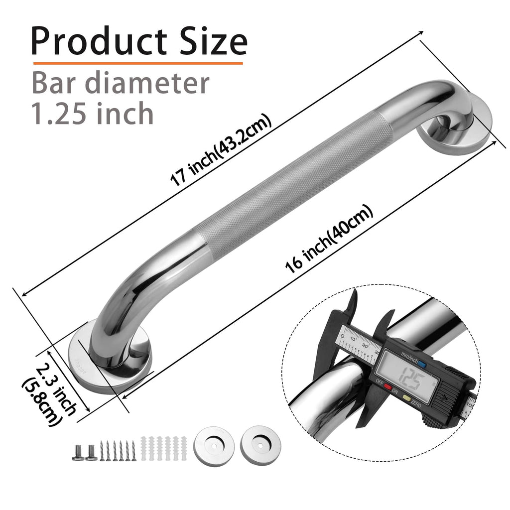 Rockgoya Shower Grab Bar, 2 Pack 16 Inch Bathroom Grab Bar, 304 Stainless Steel 1.25" Diameter Anti-Slip Handicap Grab Bar Support Shower Rail Senior Handrail Shower Safety Bar Handle