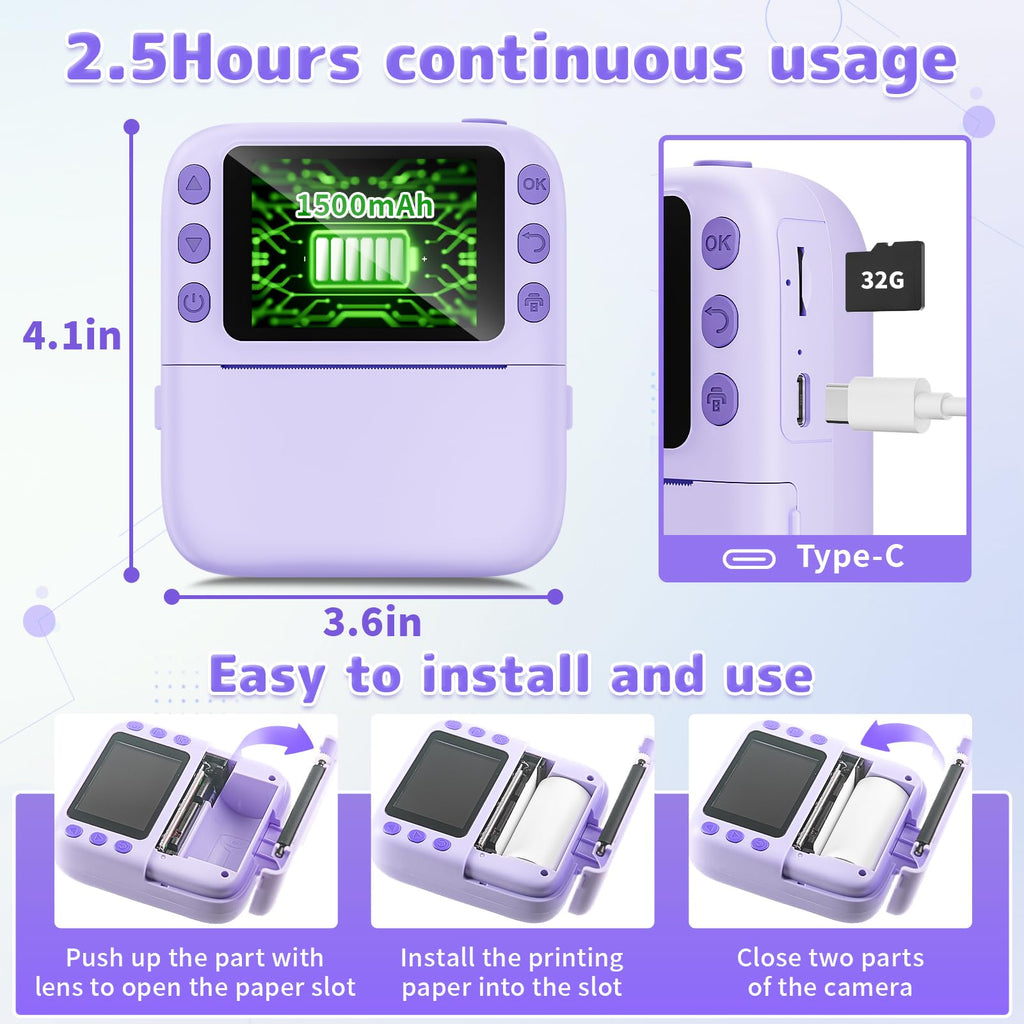 Instant Print Camera for Kids, Christmas Birthday Gifts for Girls Boys, 1080P Instant Digital Print Cameras for Toddler,Portable Toy for 4 5 6 7 8 9 10 Year Old Girl with 32GB SD Card，Purple