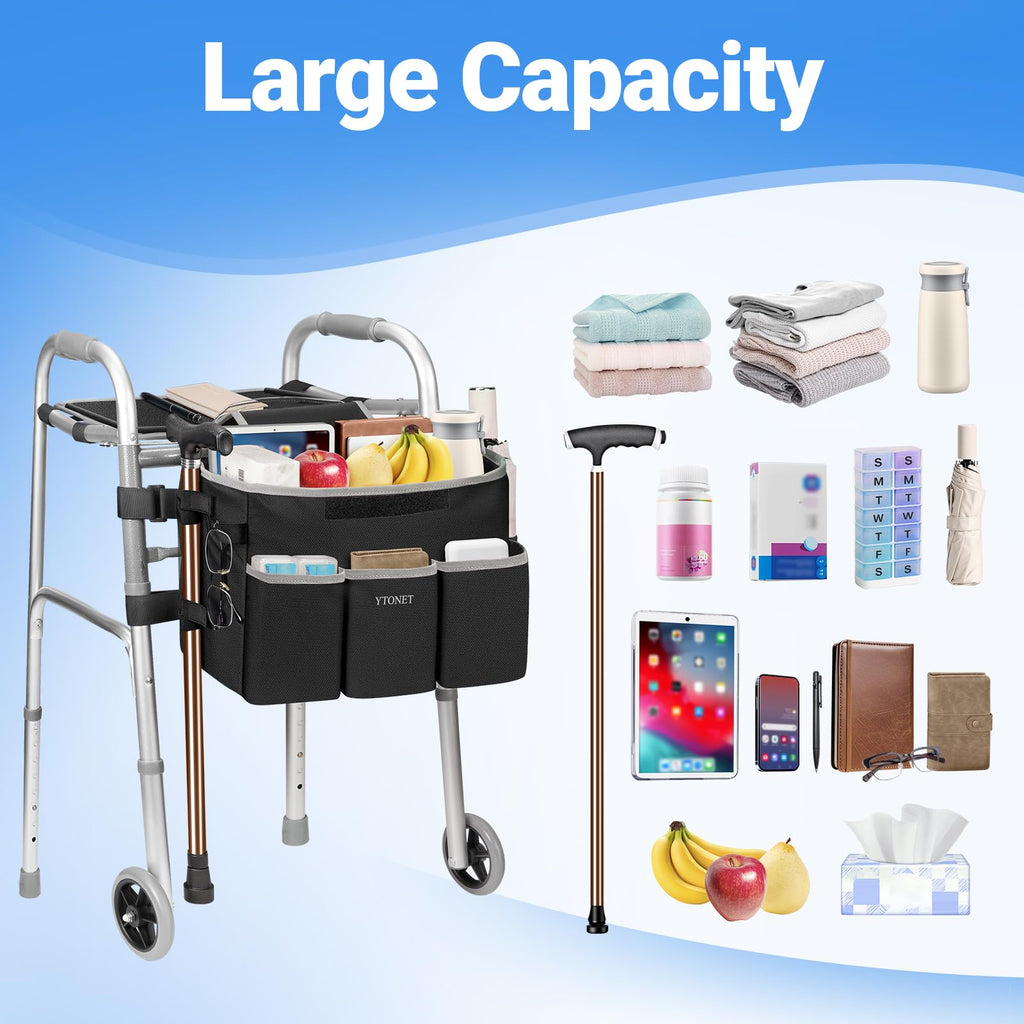 Ytonet Walker Basket with Tray, Detachable Walker Tray for Folding Walkers, Large Capacity Storage Basket with Phone and Crutch Holder, Water-Resistant Non-slip Walkers Accessories for Seniors (Black)
