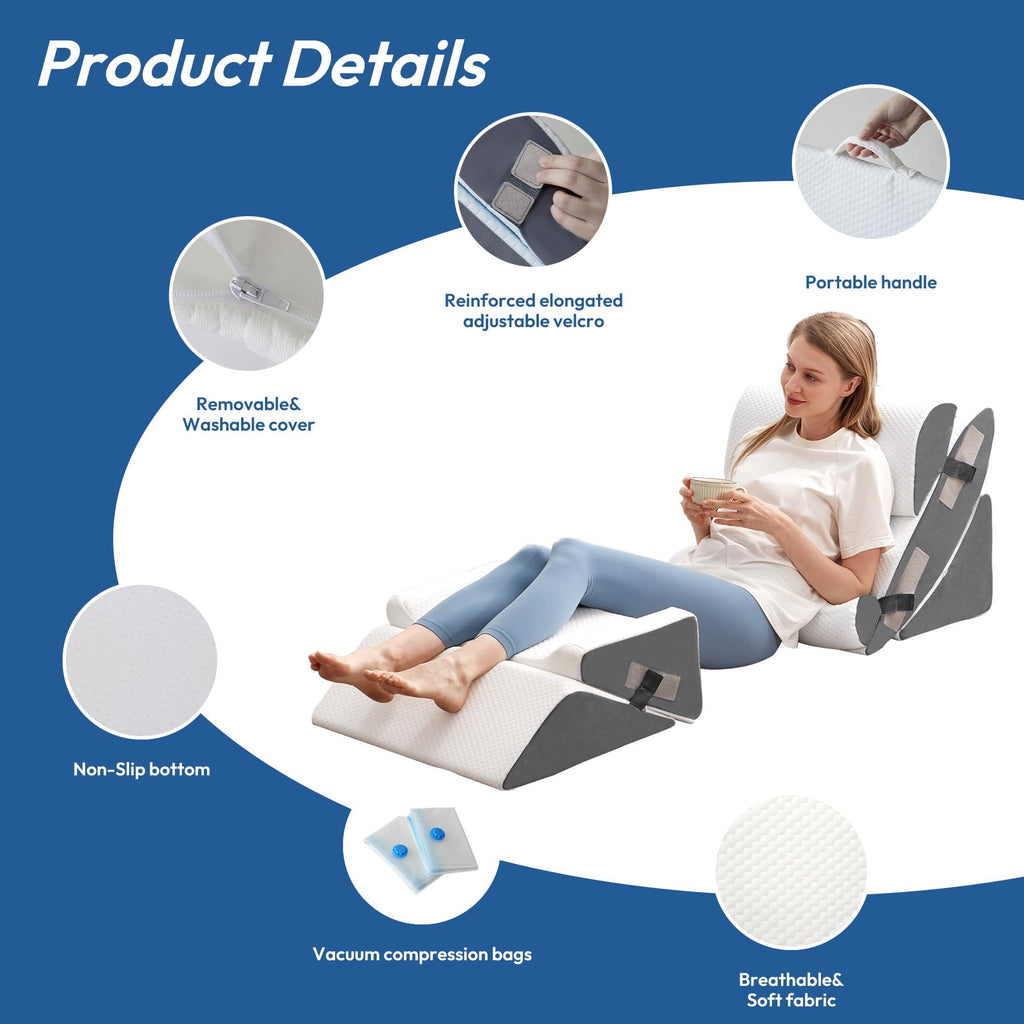 Ahpmeoa 6PCS Wedge Pillow Set for After Surgery, Bed Wedge Pillow Post Surgery, Bed Pillows for Sitting Up, Sleeping, Acid Relux, Memory Foam Back Pillow, Beds Wedges & Body Positioners, White/Grey
